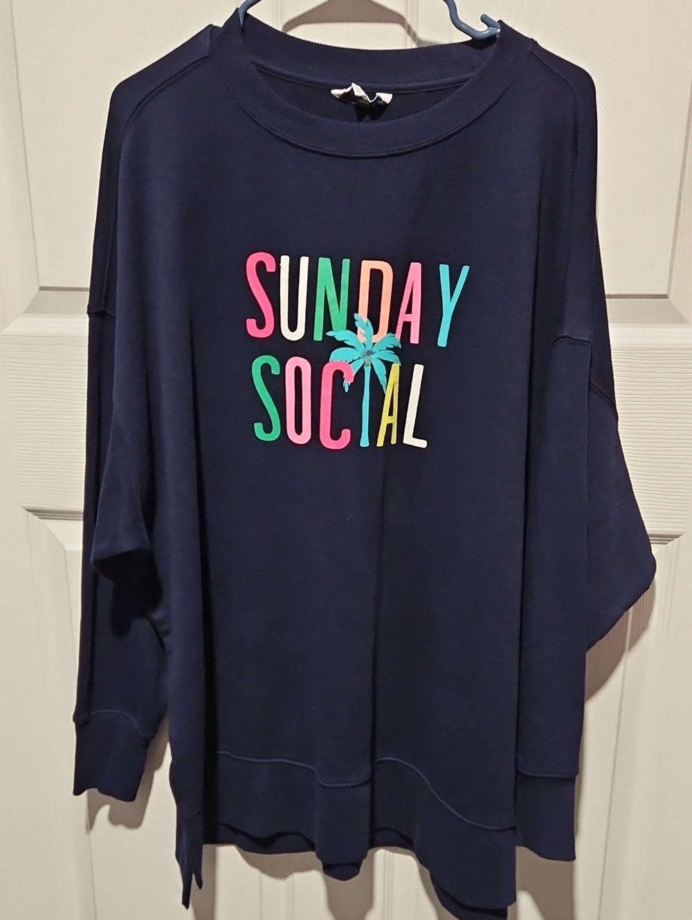crown & ivy Navy "Sunday Social" Crewneck Sweatshirt with Multicolor Graphic